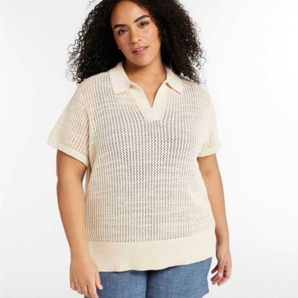 L.L.Bean Organic Cotton Pointelle Knit Polo Cream Preppy Coastal Top S